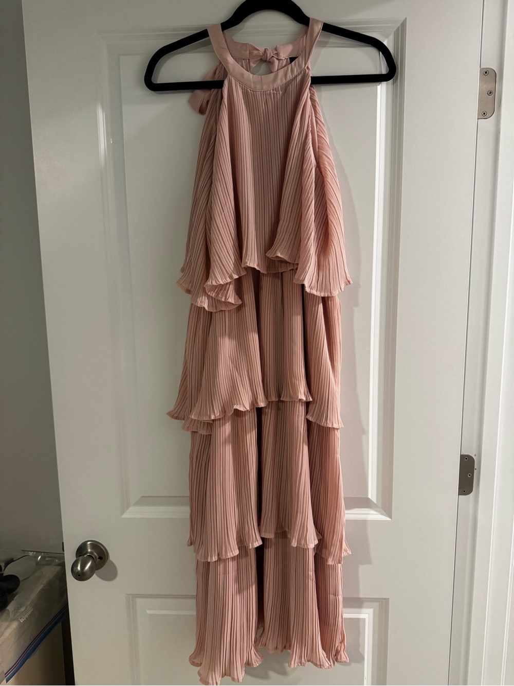 Tiered Pleated Halter Midi Dress - Blush Pink